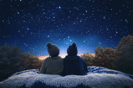 Two children sit on a cozy blanket, gazing at a star-filled sky in a tranquil outdoor setting.の写真素材