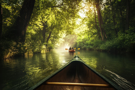 Two kayakers navigate a serene river surrounded by lush trees, basking in the warm glow of late afternoon.の写真素材