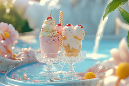 Delicious ice cream cups topped with cherries and sprinkles sit next to vibrant flowers by a fountain.の写真素材
