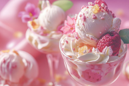 Colorful sundaes feature creamy ice cream, whipped cream, and fresh fruits on a vibrant pink surface.の写真素材