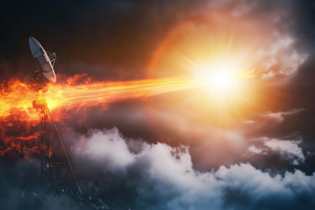 A satellite dish releases a vibrant energy beam directed at the sun, surrounded by dark clouds.の写真素材