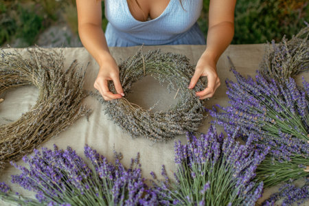A woman carefully constructs a lavender wreath using dried flowers on a table outdoors.の写真素材