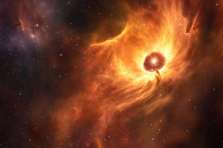 Colorful nebula with swirling gases and bright stars highlights the beauty of cosmic creation in deep space.の写真素材