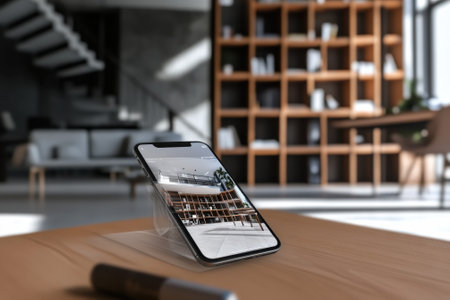 A smartphone rests on a wooden table in a contemporary living space filled with natural light.の写真素材