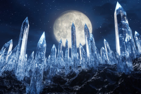 Crystalline structures rise from a dark surface under the luminous glow of a full moon at night.の写真素材