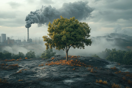 Amidst fog and smoke, a solitary tree thrives in a desolate area affected by industry.の写真素材