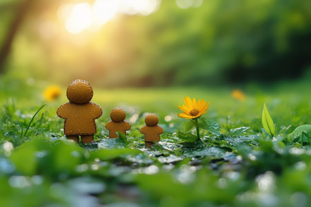 Three gingerbread figures stroll through a lush green field adorned with flowers and morning dew.の写真素材