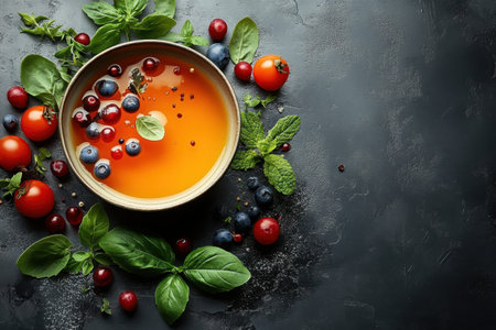 A vibrant salad featuring blueberries, tomatoes, and herbs beautifully arranged on a dark surface.の写真素材