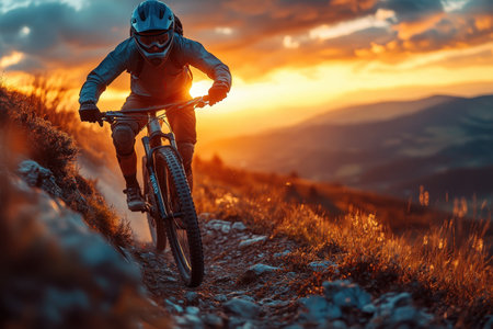 A cyclist skillfully rides along a rugged path as the sun sets, casting warm hues across the landscape.の写真素材