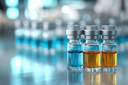 Three glass vials with colored liquids stand out against a blurred lab background, highlighting scientific work.の写真素材