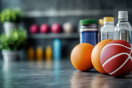 Various exercise balls in vibrant colors are displayed alongside beverage bottles on a gym table.の写真素材