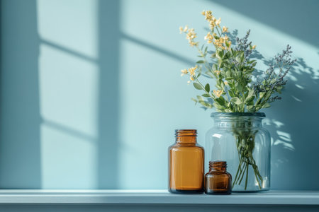 Amber glass bottles sit next to a vase filled with vibrant wildflowers on a sunlit shelf.の写真素材