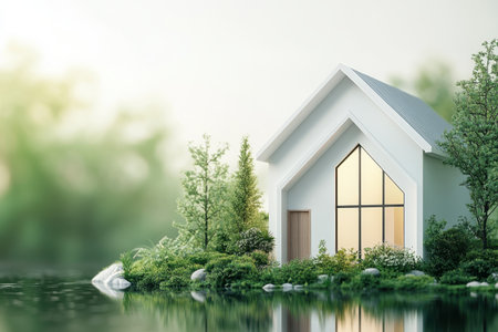 A sleek white house stands amidst lush greenery, reflecting in tranquil waters during early morning light.の写真素材