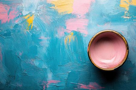 A ceramic bowl of pink paint sits on a vibrant abstract textured canvas in various colors.の写真素材