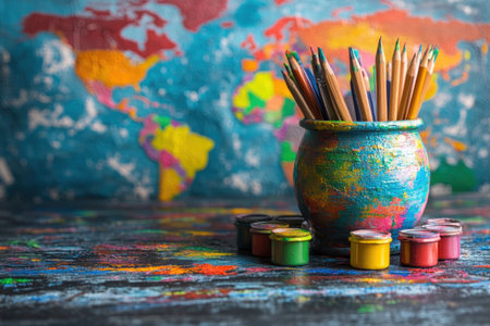 A vibrant collection of art materials and a world map background create an inspiring atmosphere for creativity.の写真素材