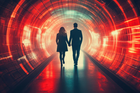 A couple walks together, holding hands in a brightly lit tunnel filled with colorful lights at night.の写真素材