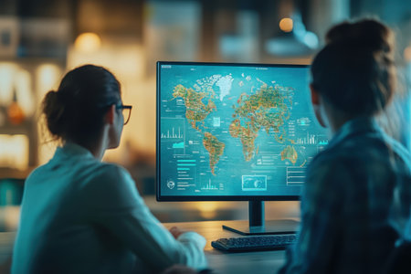 Two individuals are focused on an interactive global map display while collaborating on data analysis.の写真素材
