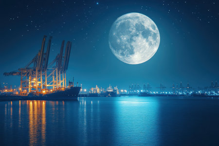 The vibrant port is alive with activity under the glow of the full moon reflecting on water.の写真素材