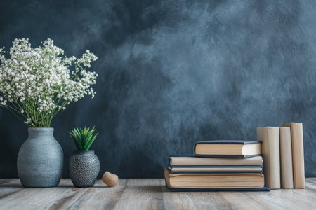 Fresh flowers in vases accompany books on a wooden table, creating a calming workspace atmosphere.の写真素材