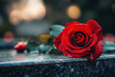 A vibrant red rose lies gracefully on a stone surface, capturing the warm glow of sunset in the background.の写真素材