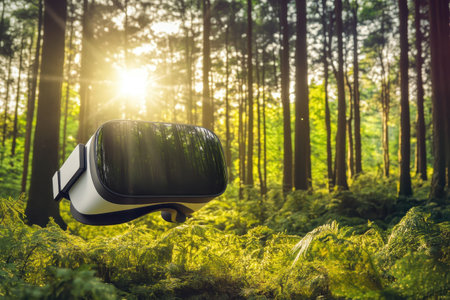 A virtual reality headset hovers in a vibrant forest, surrounded by ferns and illuminated by morning sunlight.の写真素材