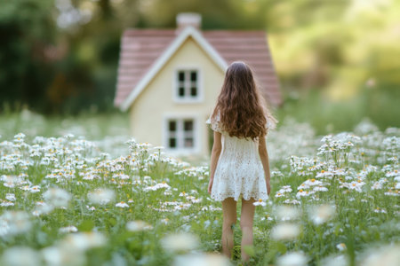 A young girl strolls through a meadow of daisies heading towards a quaint yellow house surrounded by greenery.の写真素材