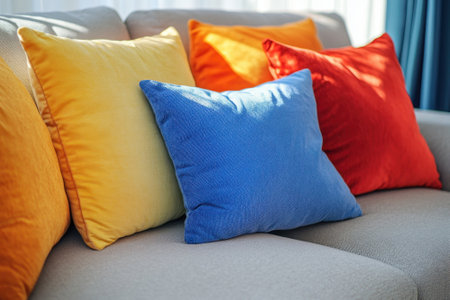 Soft, vibrant pillows on a modern sofa enhance the cozy atmosphere of a sunny living room.の写真素材
