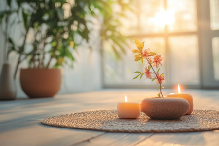 A simple yet beautiful floral display with candles creates a serene atmosphere during sunset indoors.の写真素材