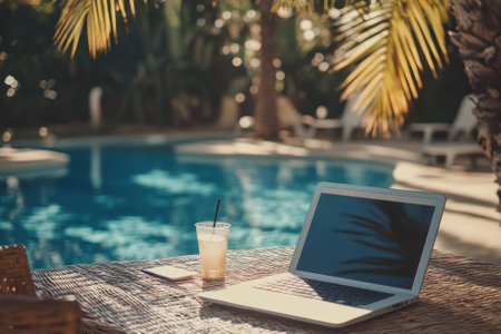A serene outdoor workspace with a laptop and drink near a sparkling blue pool surrounded by palm trees.の写真素材