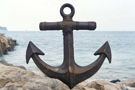 A weathered anchor stands on jagged rocks next to calm blue waters under a gray sky.の写真素材