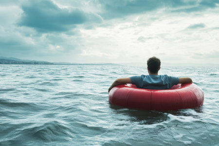 A person floats peacefully in a red inflatable device amid gentle waves under a moody sky.の写真素材