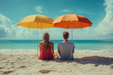 Two people sit on the sand, enjoying the ocean view with bright umbrellas on a sunny day.の写真素材