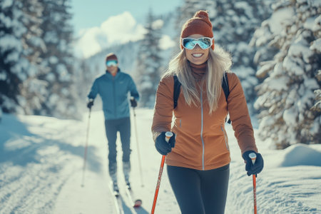Friends ski through a beautiful snow-covered landscape under a clear blue sky surrounded by trees.の写真素材