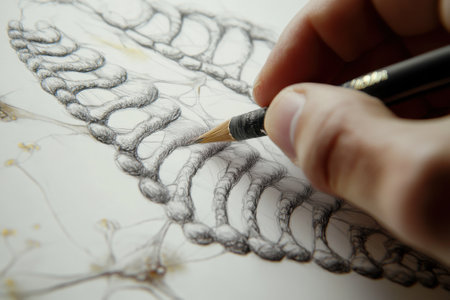 An artist focuses on drawing an intricate spiral pattern with a pencil on textured paper.の写真素材
