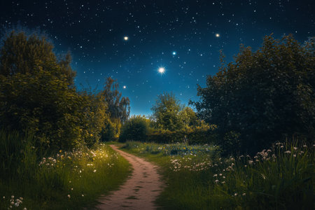A peaceful path leads through lush greenery as stars twinkle in a night sky filled with wonder.の写真素材