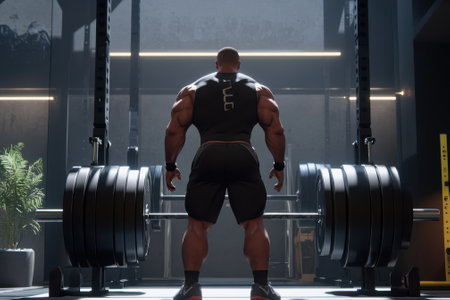 A bodybuilder stands focused in a contemporary gym, preparing to lift heavy weights in front of gym equipment.の写真素材