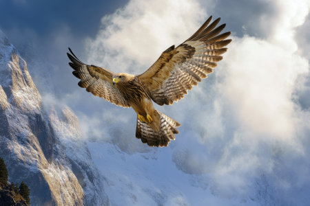 A majestic eagle soars high, wings spread wide against mountains and clouds in the daytime sky.の写真素材