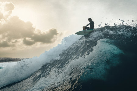A surfer skillfully rides a towering wave as the sun sets, creating a dramatic coastal view.の写真素材