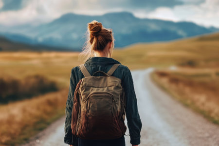 Young woman with a backpack walking along a winding road through picturesque hills and mountains.の写真素材