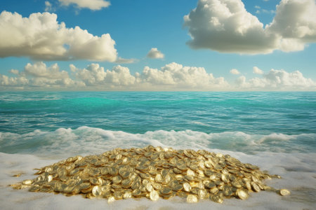 A large mound of gold coins rests on a sandy beach by the ocean under a bright sky.の写真素材