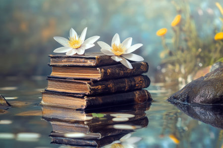 Stacked old books rest on the surface of a calm lake, surrounded by blooming water lilies and gentle reflections.の写真素材