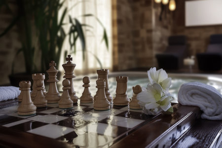 A chessboard with finely crafted pieces is set in a tranquil spa environment, surrounded by soft lighting and decor.の写真素材