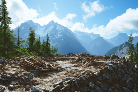 A serene mountain landscape features stacked timber and rocky ground under bright blue skies.の写真素材