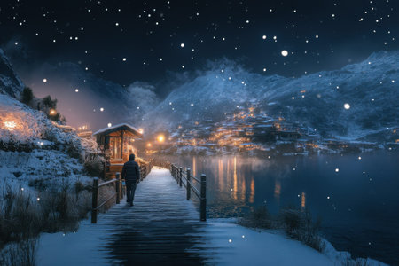 A person strolls along a wooden pathway next to a serene lake surrounded by snowy mountains at night.の写真素材