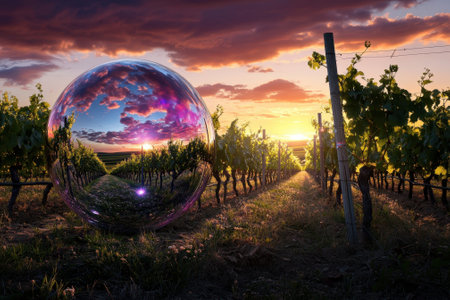 Grapevines stretch across the landscape as a crystal ball reflects the vibrant sunset colors in the sky.の写真素材