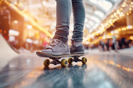 A skater is balancing on a skateboard in a bustling indoor skatepark filled with vibrant lights and onlookers.の写真素材