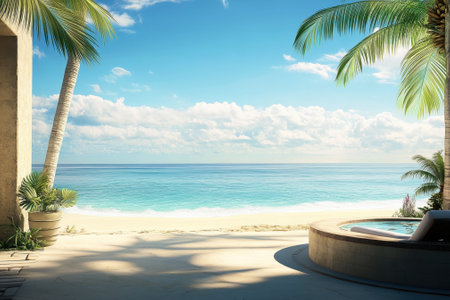 A serene beach features palm trees framing the view of calm ocean waves under a clear blue sky.の写真素材