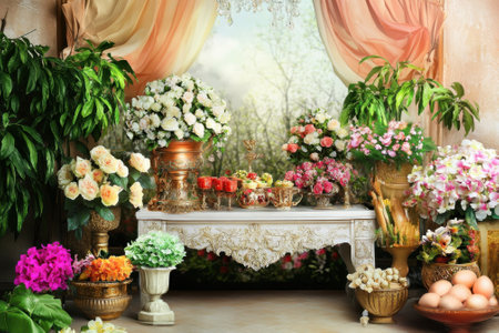 Brightly colored flowers and plants fill a beautifully decorated area with a table adorned with ornate vases.の写真素材