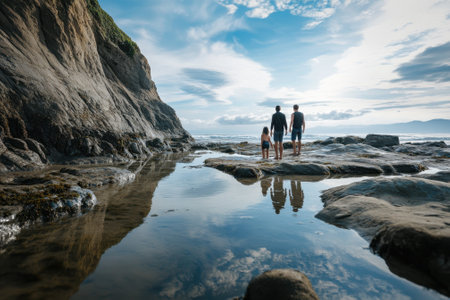 A family stands on rocky shorelines, reflecting in shallow tidal pools as waves gently lap nearby.の写真素材