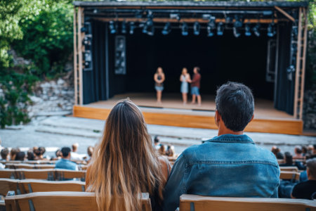 A couple enjoys a live performance at an outdoor theater in a beautiful natural environment during the evening.の写真素材